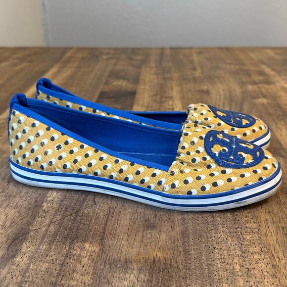 Tory Burch Ballet Flat Signature Logo Canvas Polka Dot Shoe Yellow Blue Size 8 - Picture 4 of 10
